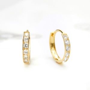 14K Yellow Gold Simulated Channel Set Diamond Huggie Hoop Earrings